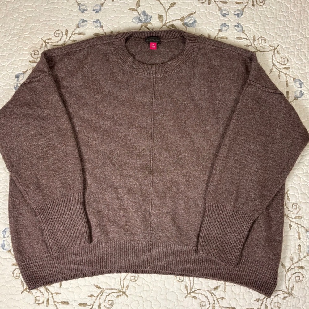 Vince Camuto Sweater Women XL Brown Excellent Crewneck Ribbed Knit Seam Front